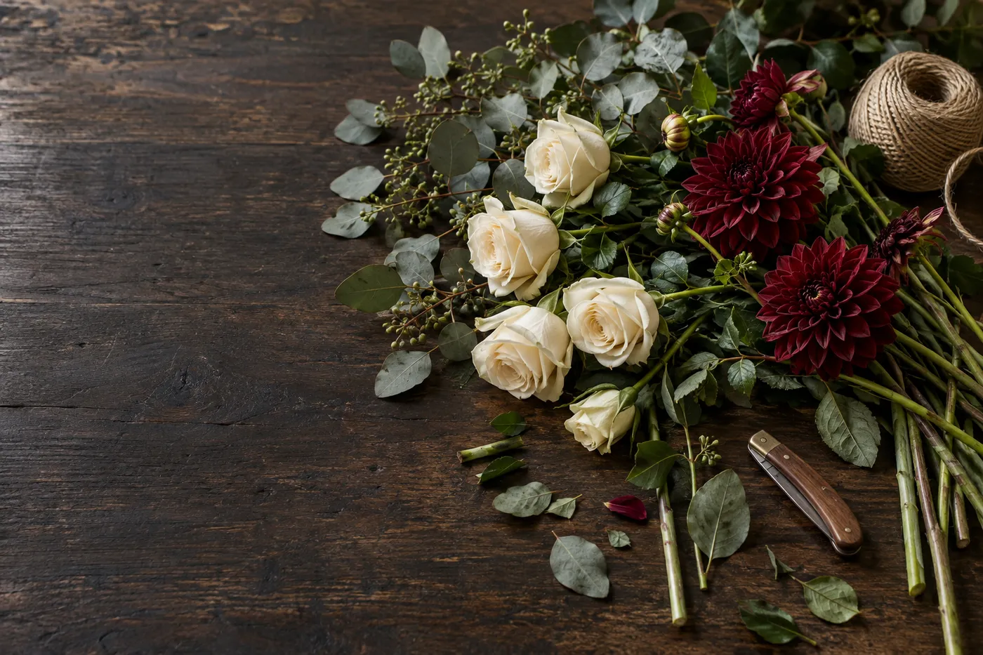 Illustration: frisch geschnittene Rosen, Dahlien und Eukalyptus auf einem Werktisch aus dunklem Holz, daneben ein Messer und Jutekordel