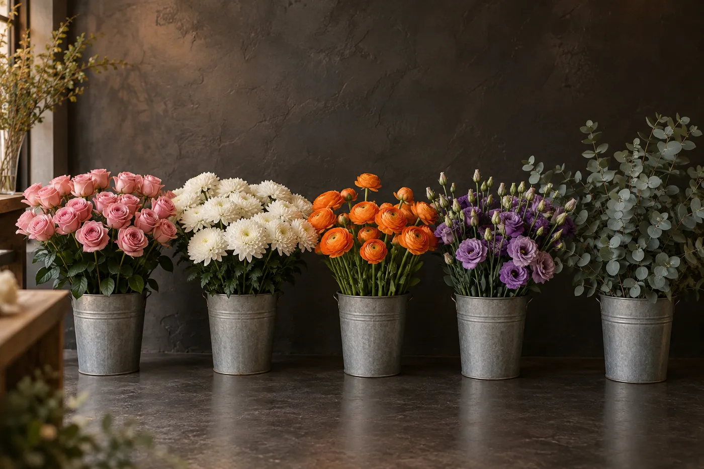 Illustration: Zinkeimer mit rosa Rosen, weißen Chrysanthemen, orangen Ranunkeln, lila Lisianthus und Eukalyptus vor einer dunklen Wand