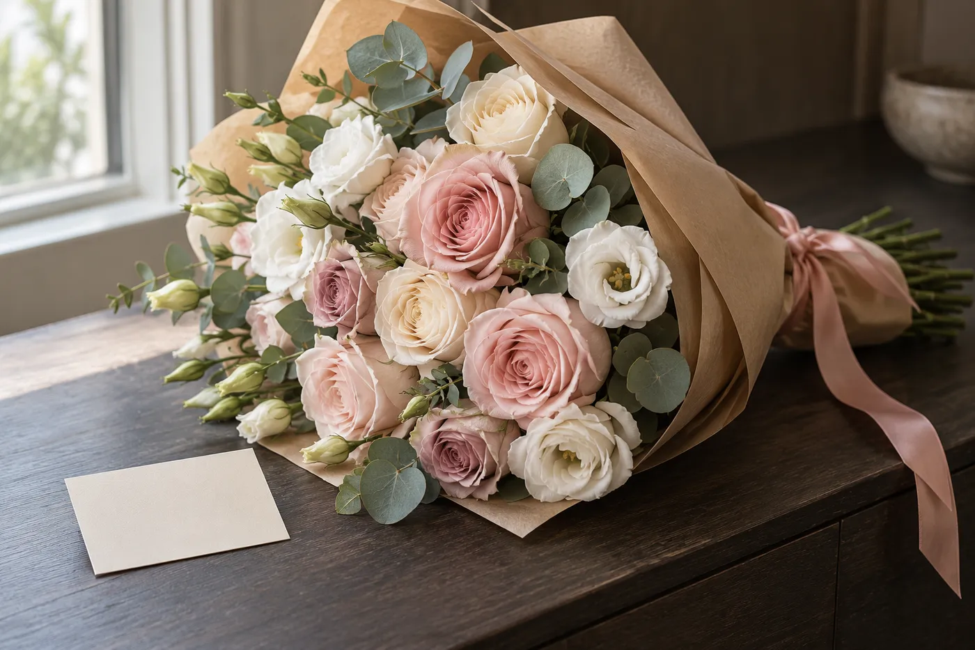 Illustration: Strauß aus zartrosa Rosen und weißem Lisianthus in Packpapier mit rosa Schleife, daneben eine leere Karte